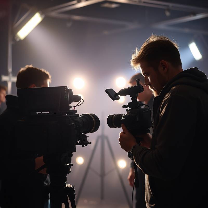Ein professionelles Filmteam bei der Arbeit mit einer Kamera und Beleuchtung.