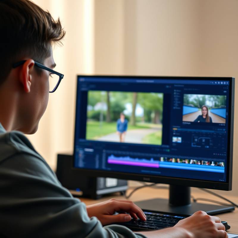 Ein Student, der Adobe Premiere Pro benutzt, um ein Video zu schneiden.