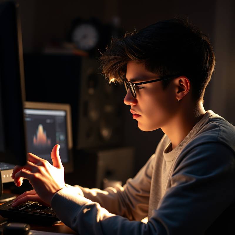 Ein Student, der an einem DaVinci Resolve Arbeitsplatz sitzt.