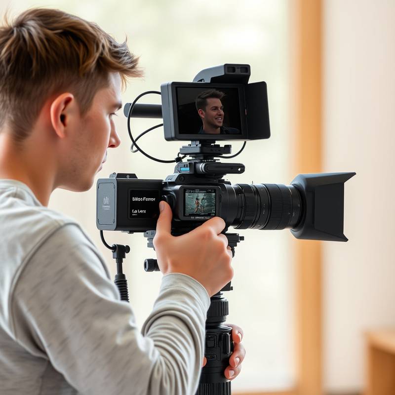 Ein Student, der lernt, eine professionelle Videokamera zu bedienen.