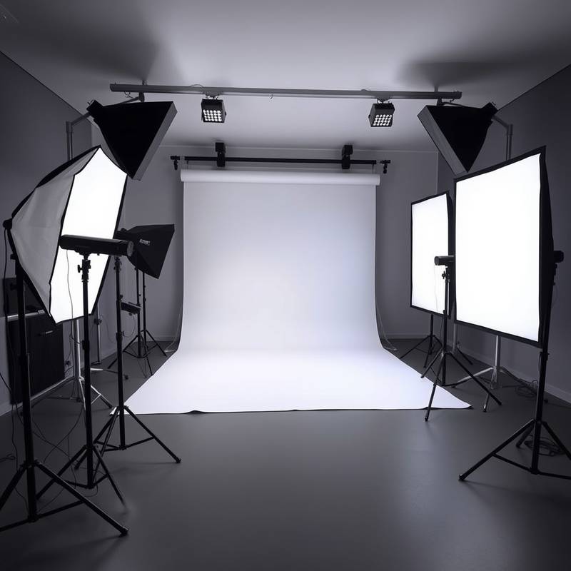 Professionelle Studiobeleuchtung mit Softboxen und LED-Panels.
